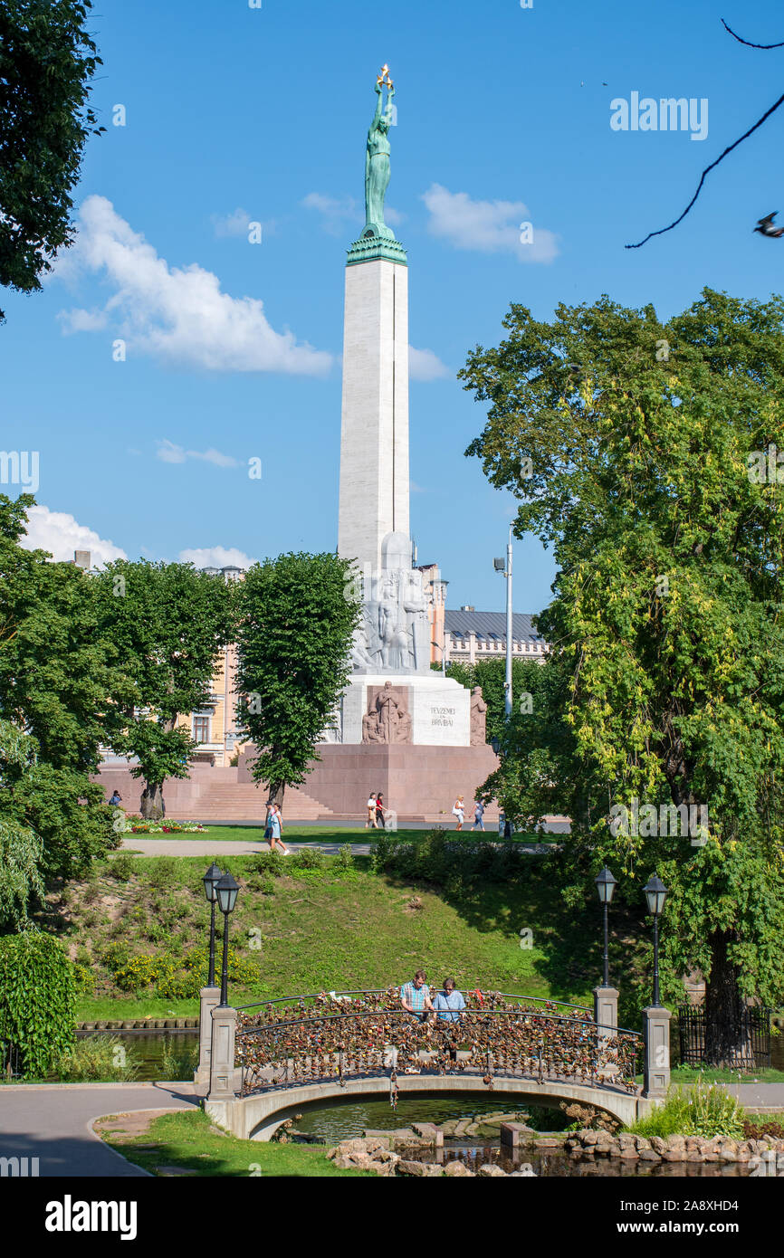The Freedom Monument in Riga, Latvia, honouring soldiers killed during the Latvian War of Independence, symbol of the freedom, independence Stock Photo