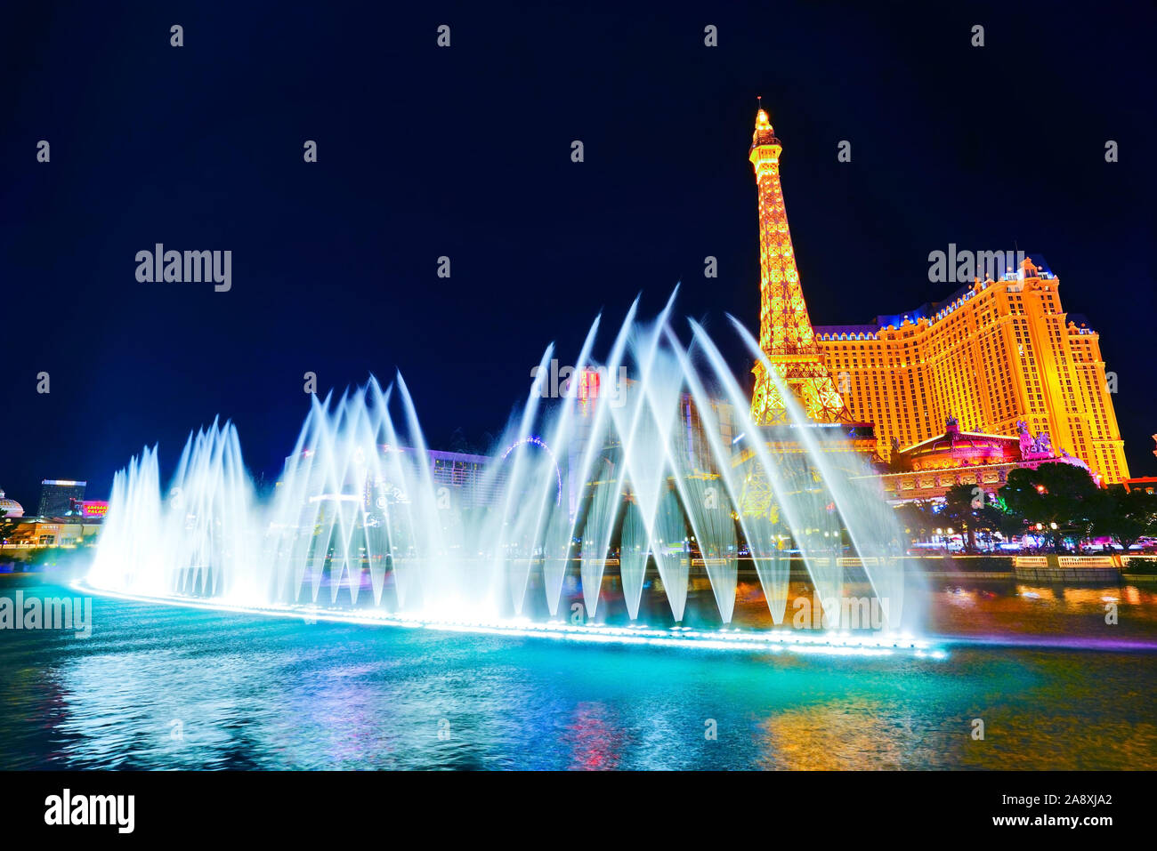 View of the beautiful fountain show at night in Las Vegas Stock Photo ...