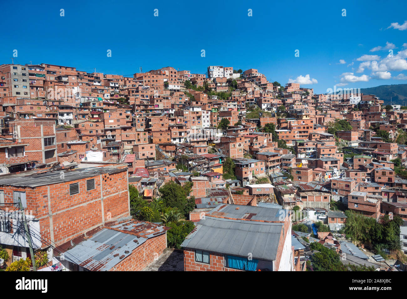Comuna 13 houses seen from the San Javier metrocable in Medellin, Colombia. Stock Photo