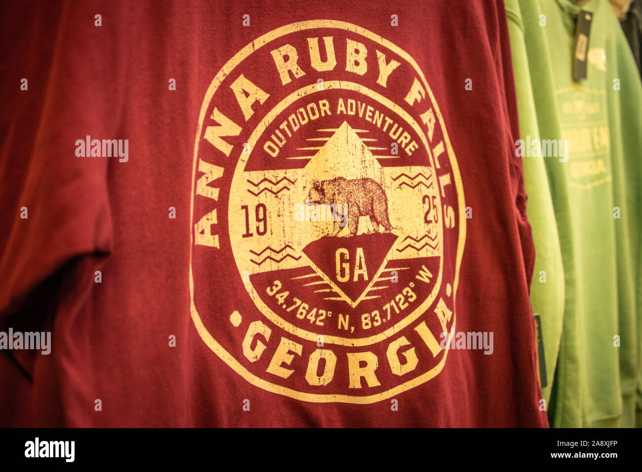 Anna Ruby Falls t-shirts at the National Forest Service Visitor Center & Gift Shop at Anna Ruby Falls in Helen, Georgia, near Unicoi State Park. (USA) Stock Photo