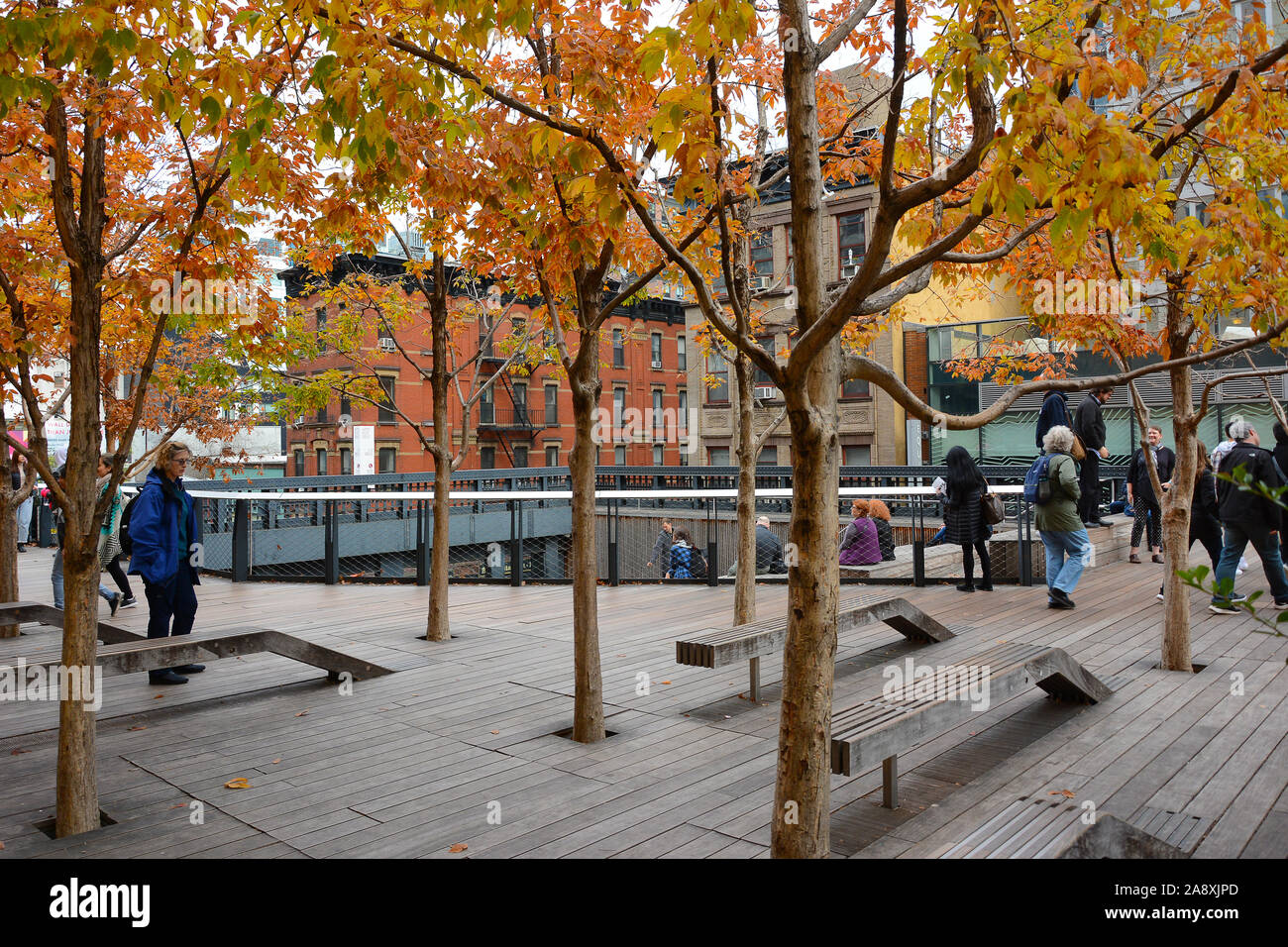 NEW YORK, NY - 05 NOV 2019: View from the High Line at the 10th Avenue Square and Overlook at 17th Street. Stock Photo