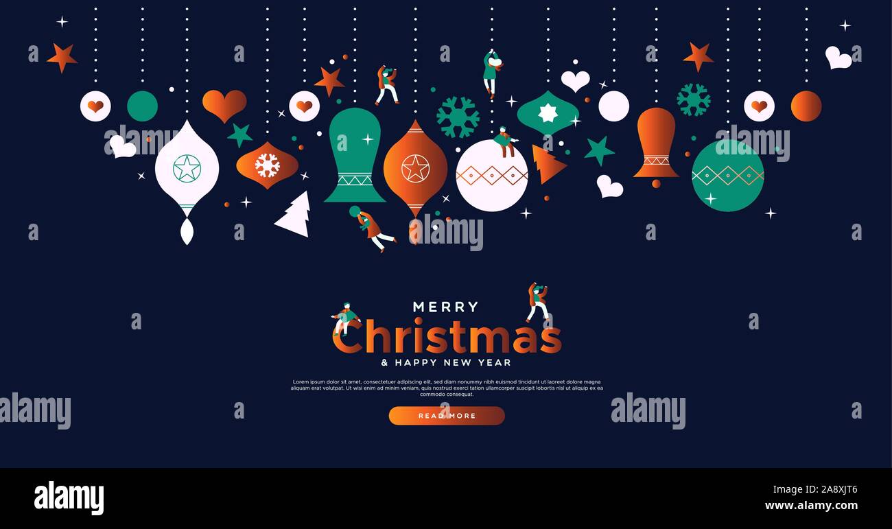 Merry Christmas landing page web design template for festive online event or winter sale. Cute cartoon small people playing on holiday bauble ornament Stock Vector