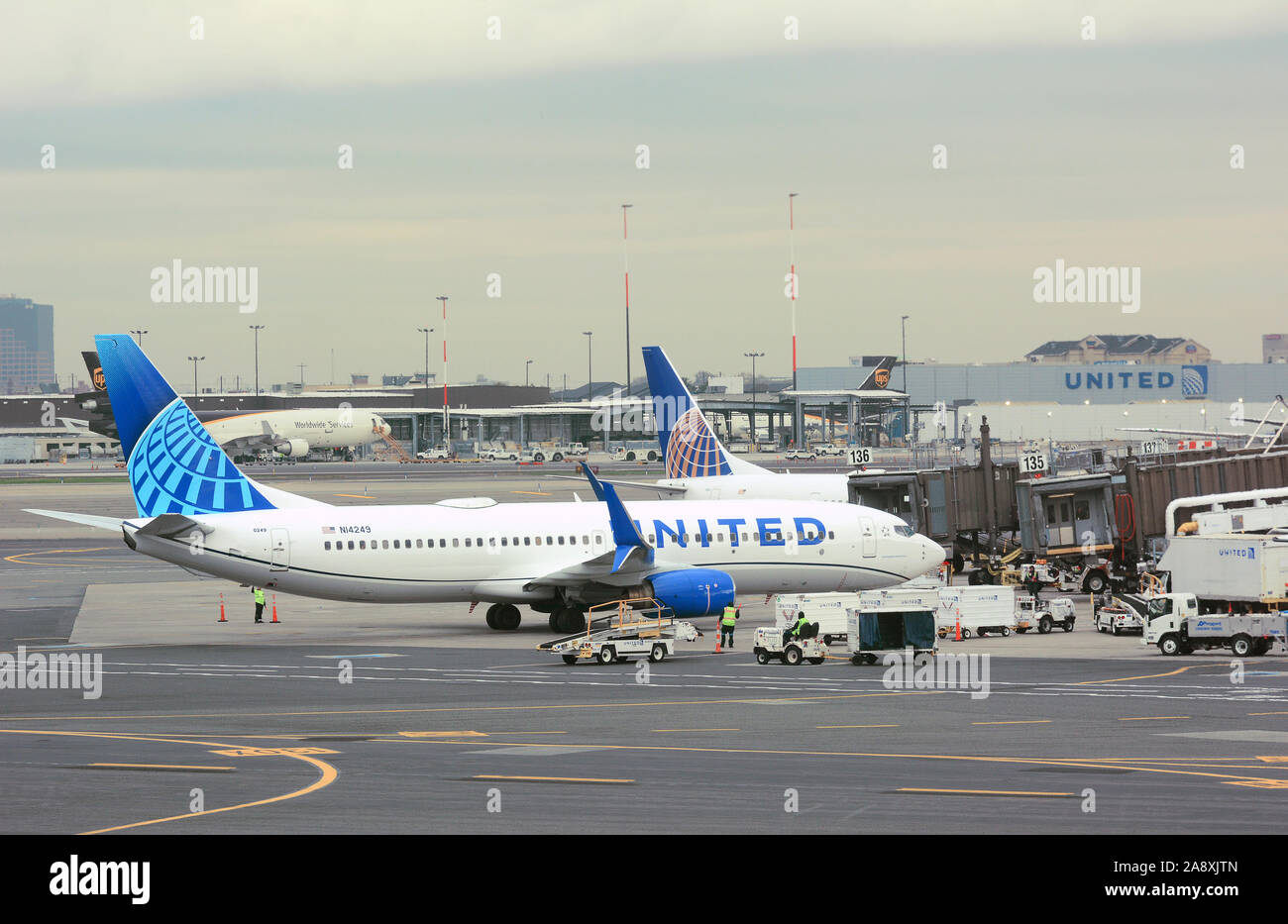 NEWARK, NEW JERSEY - 05 NOV 2019: United Airlines 737 airplane on the tarmac approaching its gate at Newark Liberty International Airport (EWR). Stock Photo