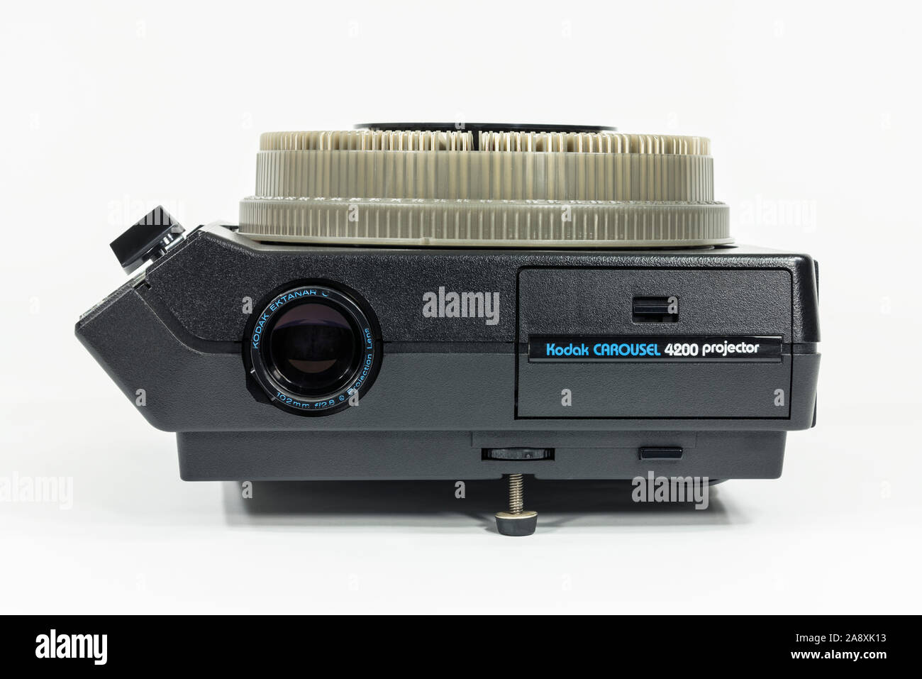 Los Angeles, California, USA - November 9, 2019:  Illustrative editorial front view of old Kodak Carousel Slide Projector model 4200 with white backgr Stock Photo