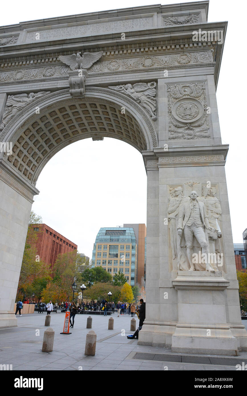 New York, NY - 05 NOV 2019: Washington Square Arch, a marble Roman triumphal arch built in 1892 celebrates the centennial of George Washingtons inaugu Stock Photo