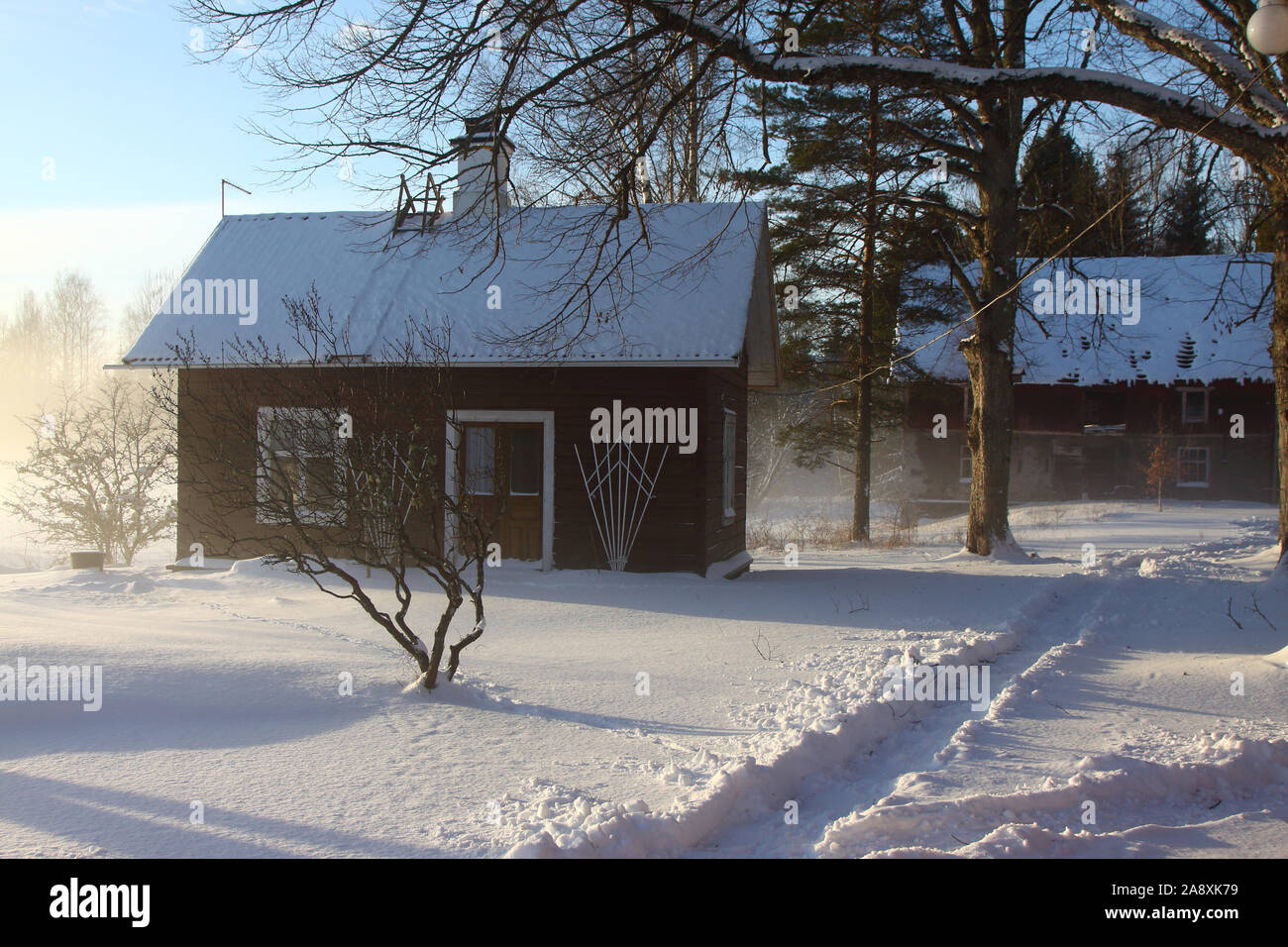 Log cabin and barn from the early 1900s surrounded by chilly fog a winter day at 2 em. Stock Photo