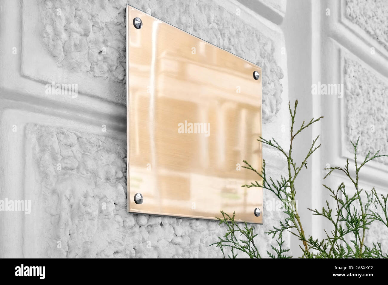 Blank Gold Glass Signboard On Gray Textured Wall Mockup Empty
