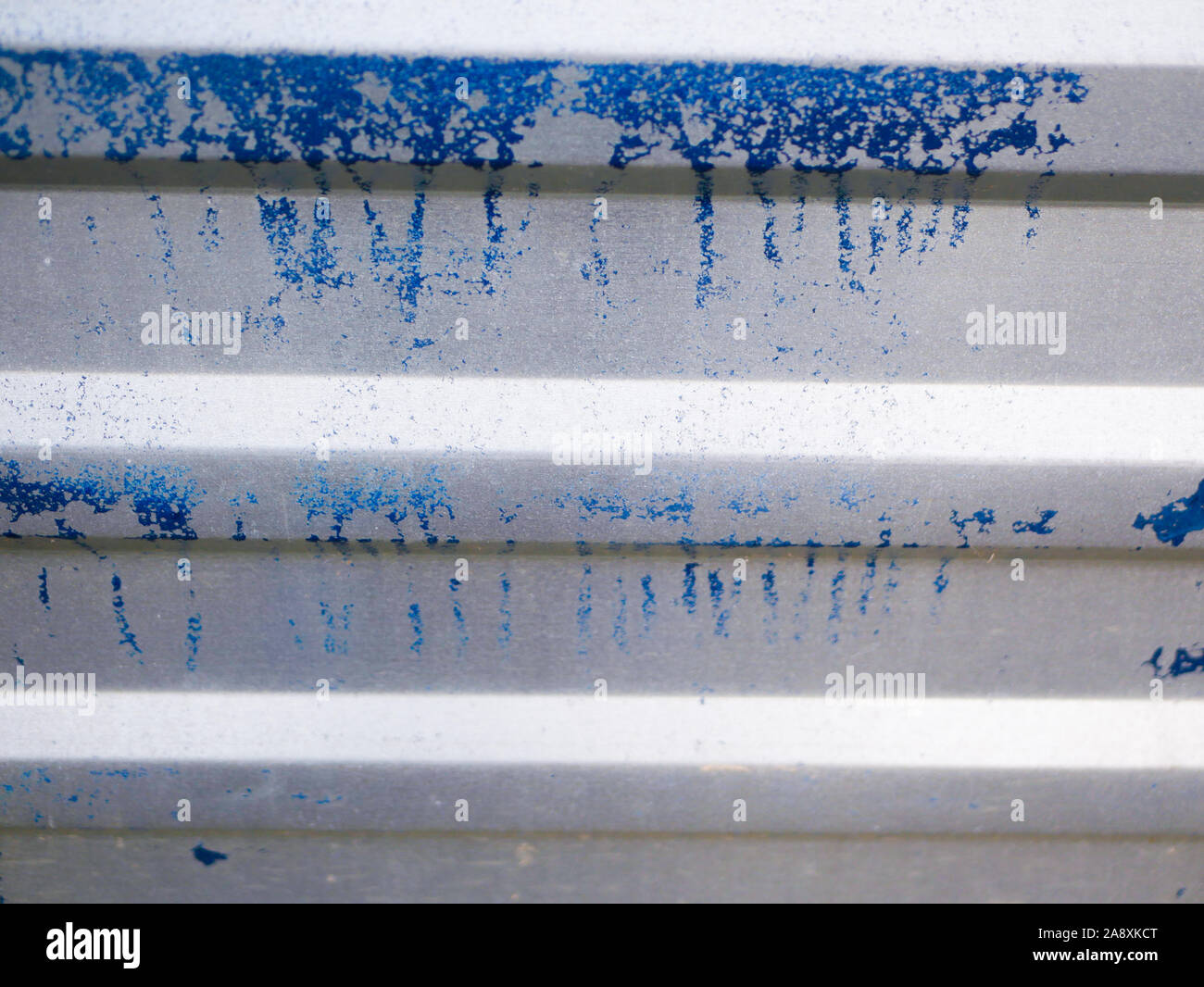 Metal fence with blue paint. close-up. Ribbed gray. Place for an inscription. background for the project. Corrugated metal fence. The surface is Stock Photo