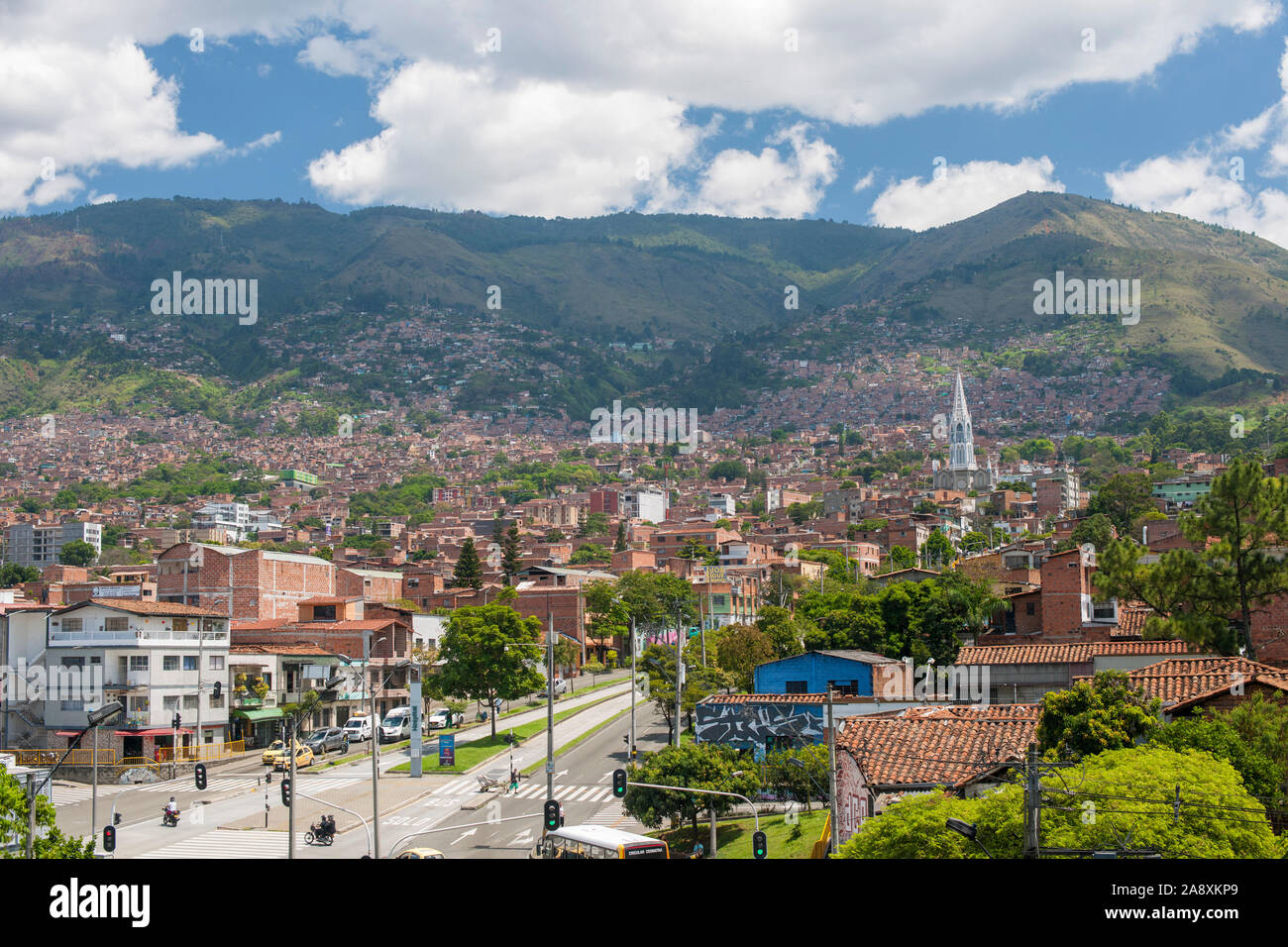 Manrique neighborhood (comuna 3) in Medellin, Colombia. Photographed from Hospital metro station. Stock Photo