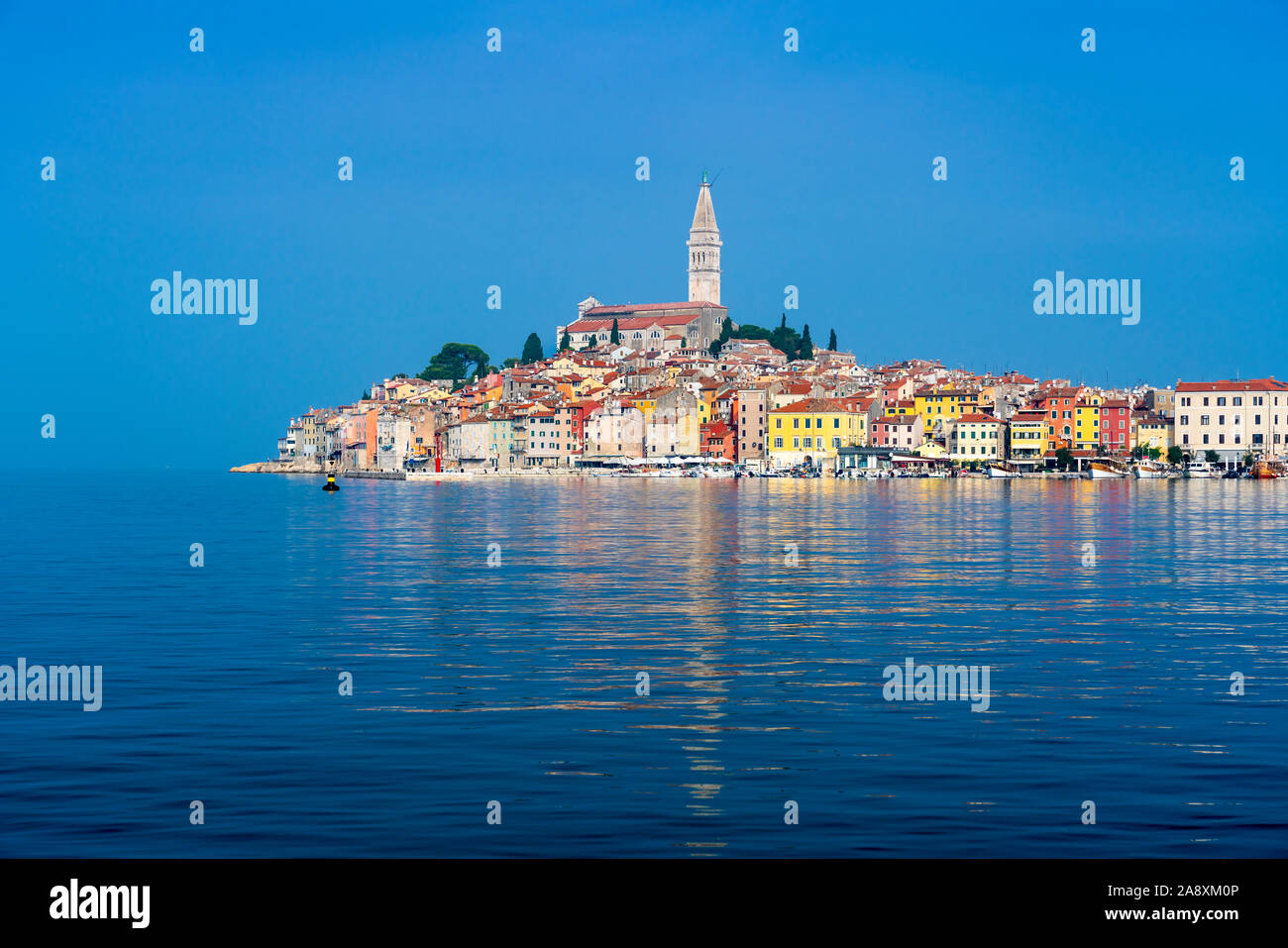 The village skyline and the Adriatic Sea at Rovinj, Croatia, Istria. Stock Photo