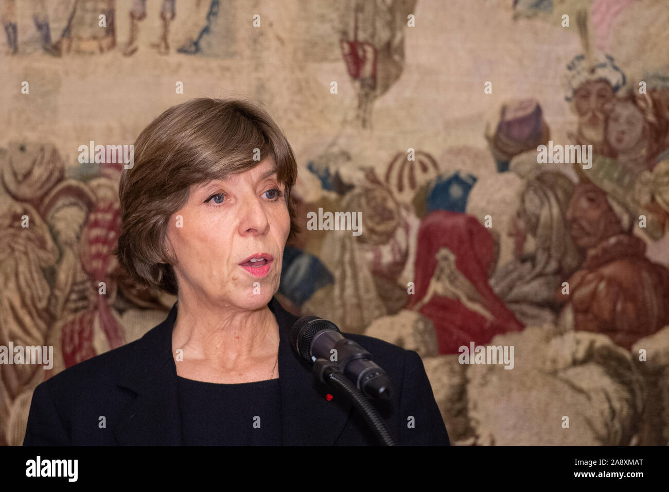 French Ambassador the the UK Catherine Colonna makes a speech during a