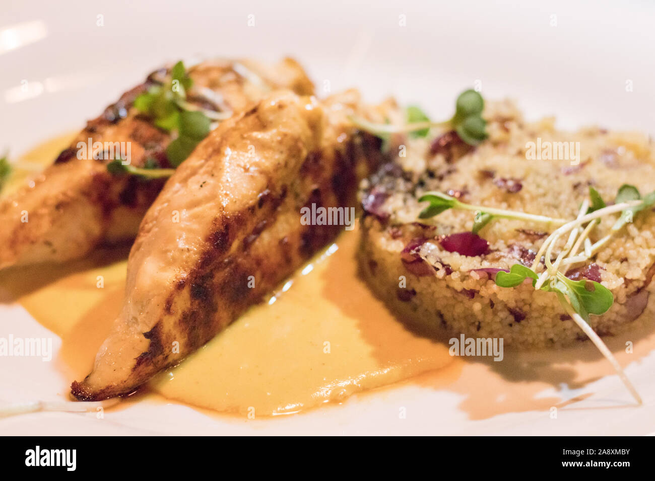 Cous cous and grilled chicken fillet Stock Photo