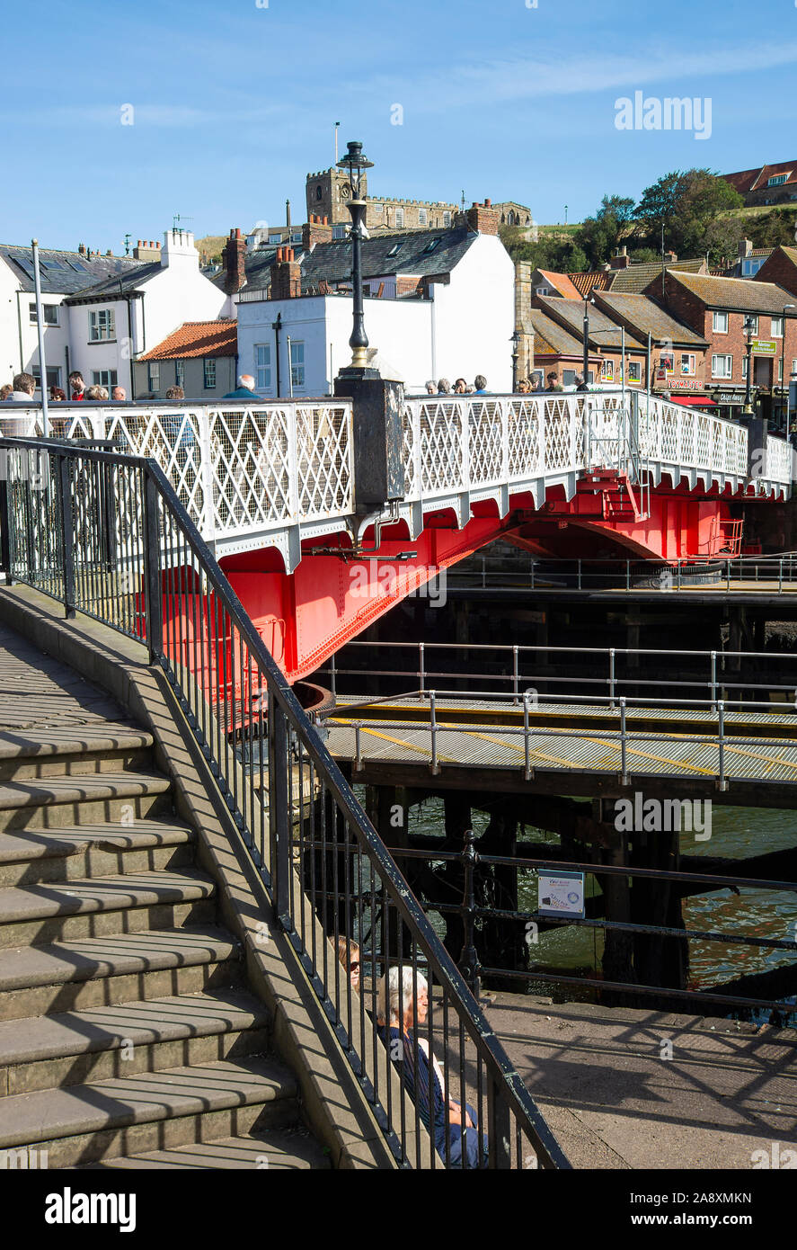 The Swing Road and Pedestrian Bridge Across the River Esk in the Centre of Whitby Town in North Yorkshire England United Kingdom UK Stock Photo