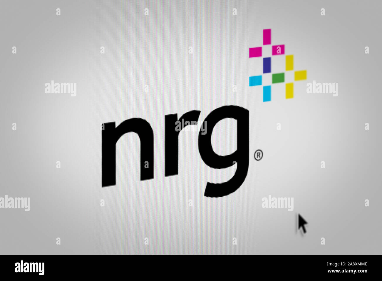 Logo of the public company NRG Energy displayed on a computer screen in close-up. Credit: PIXDUCE Stock Photo