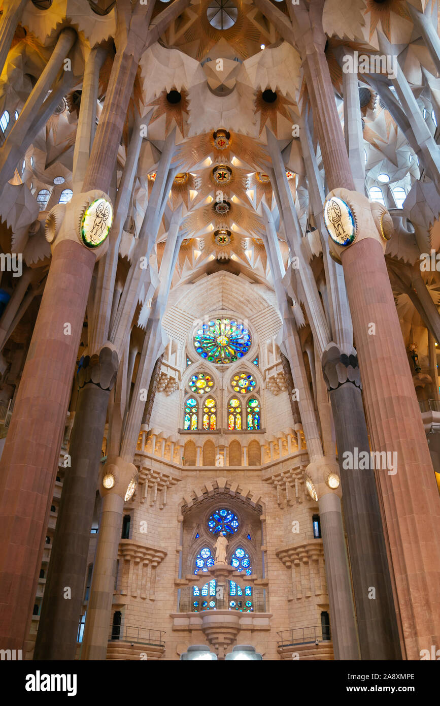 Interior view of the Sagrada Familia by Antoni Gaudí in Barcelona ...
