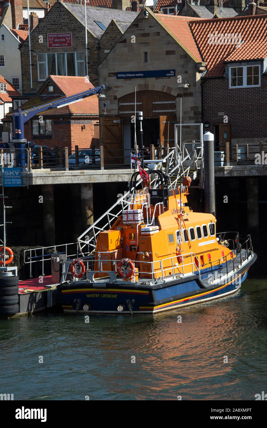 The RNLI Trent Class Lifeboat George and Mary Webb Docked at the LIfeboat Station Quay in the River Esk Whitby North Yorkshire England UK Stock Photo