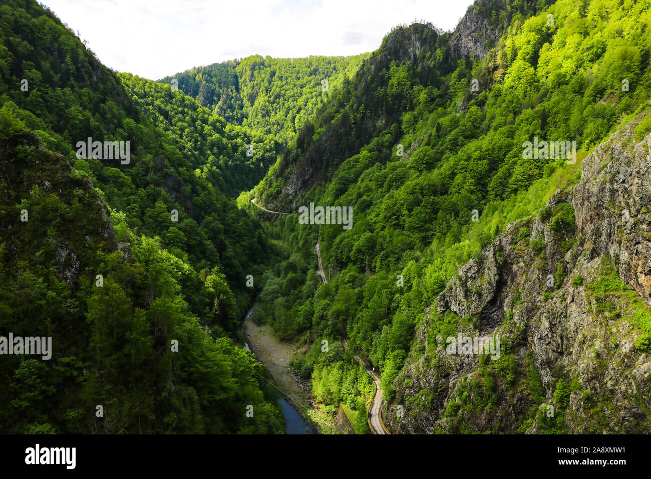 Aerial photography high in the mountains. Mountain road view, selective focus Stock Photo