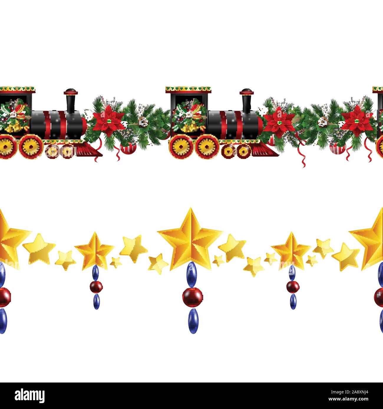 Little Christmas train seamless pattern decorated red ribbon Vector Stock Vector