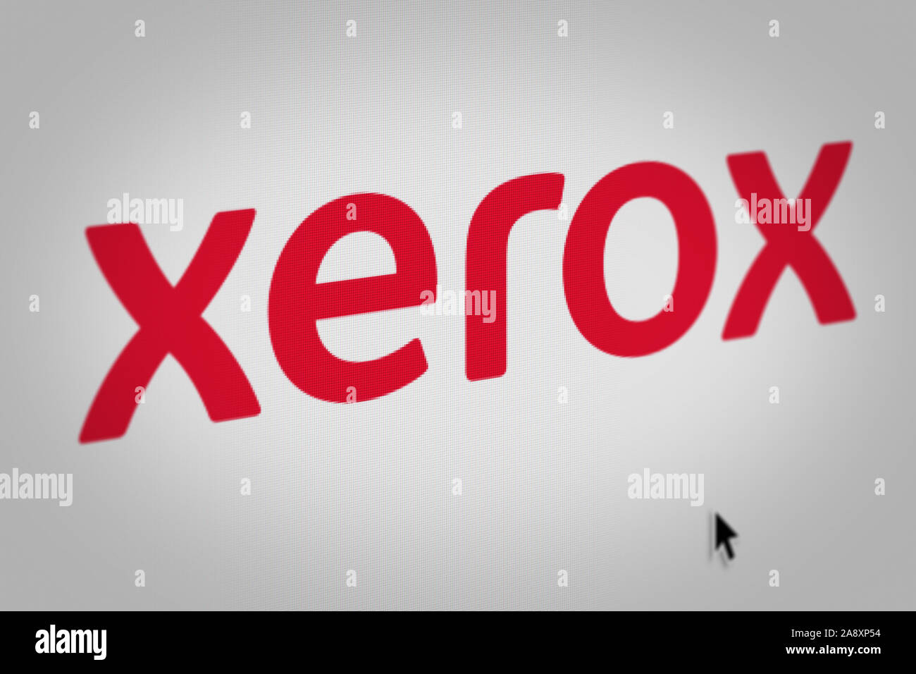 Logo of the public company Xerox displayed on a computer screen in close-up. Credit: PIXDUCE Stock Photo