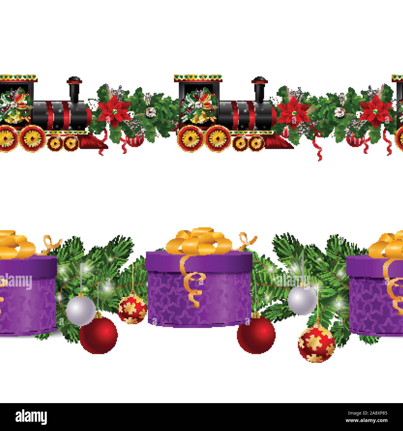 Little Christmas train seamless pattern decorated red ribbon Vector Stock Vector