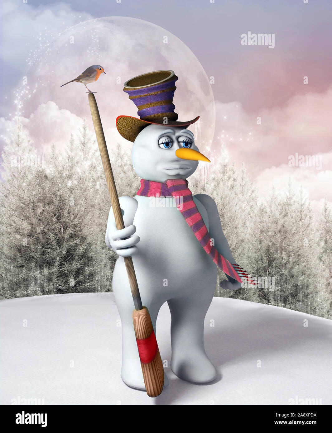 Funny snowman with a broom Stock Photo