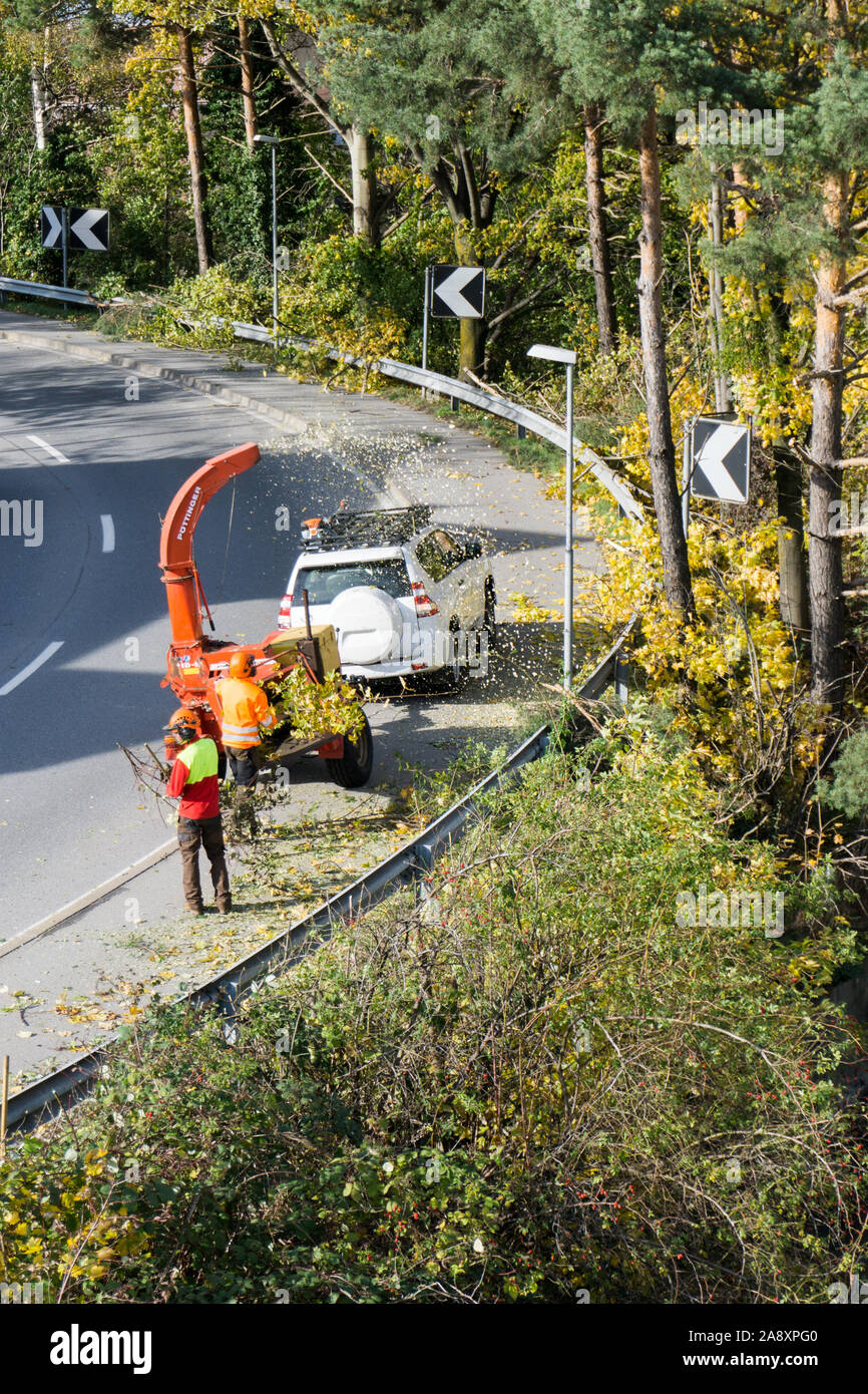 Maienfeld, GR / Switzerland - 11 November 2019: city maintenance crew with a wood chipper and shredder clear and clean roadside shoulder of vegetation Stock Photo