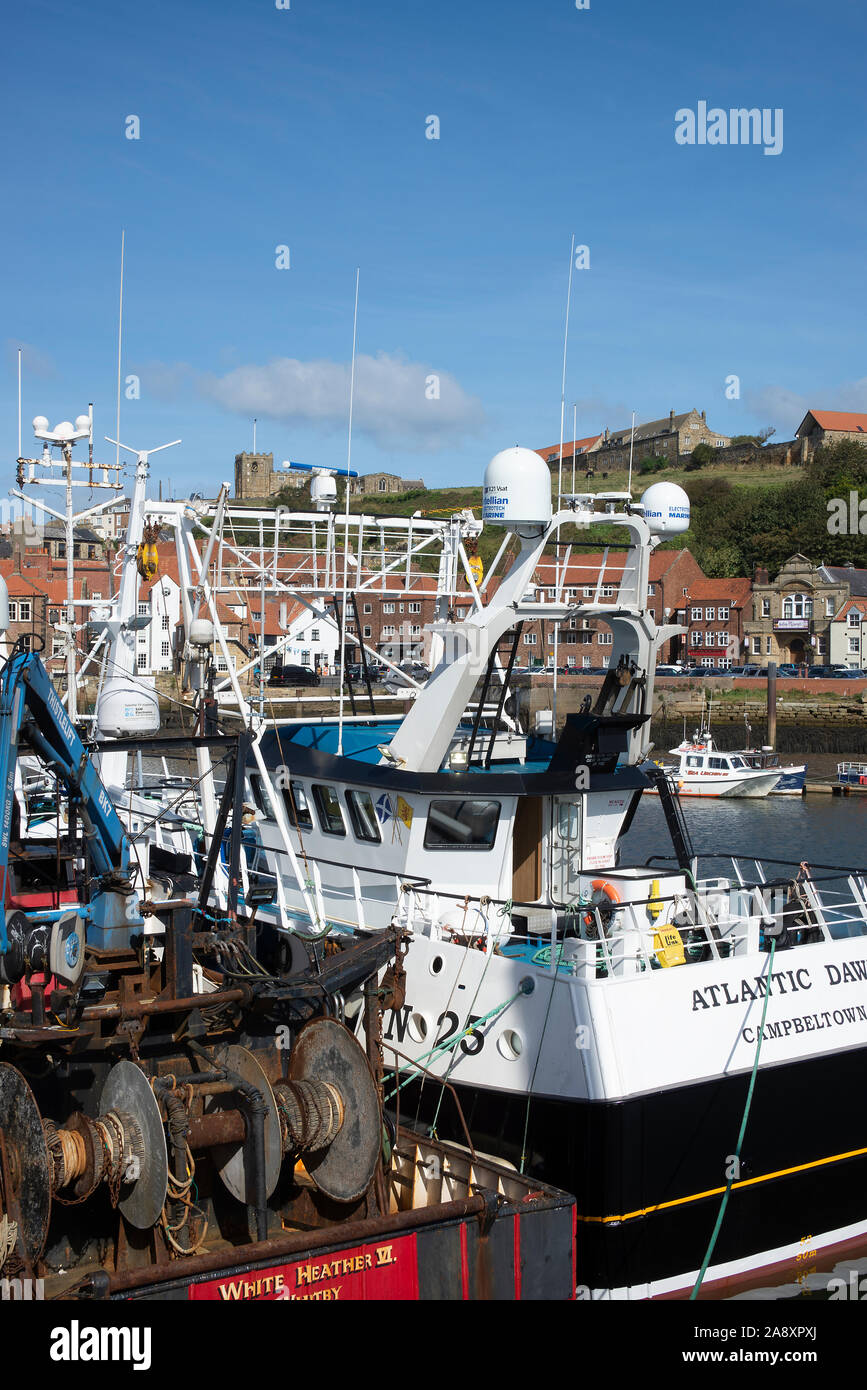 Deep Sea Trawler Atlantic Dawn Docked in the River Esk Near the Fish Market in Whitby North Yorkshire England United Kingdom UK Stock Photo