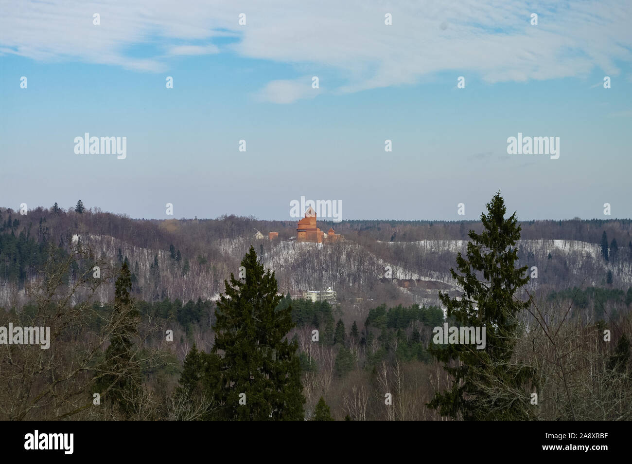 Panoramic view ti Turaida Castle and  Gauja River canyon. Turaida Castle  is a recently reconstructed medieval castle, in the Vidzeme region of Latvia Stock Photo