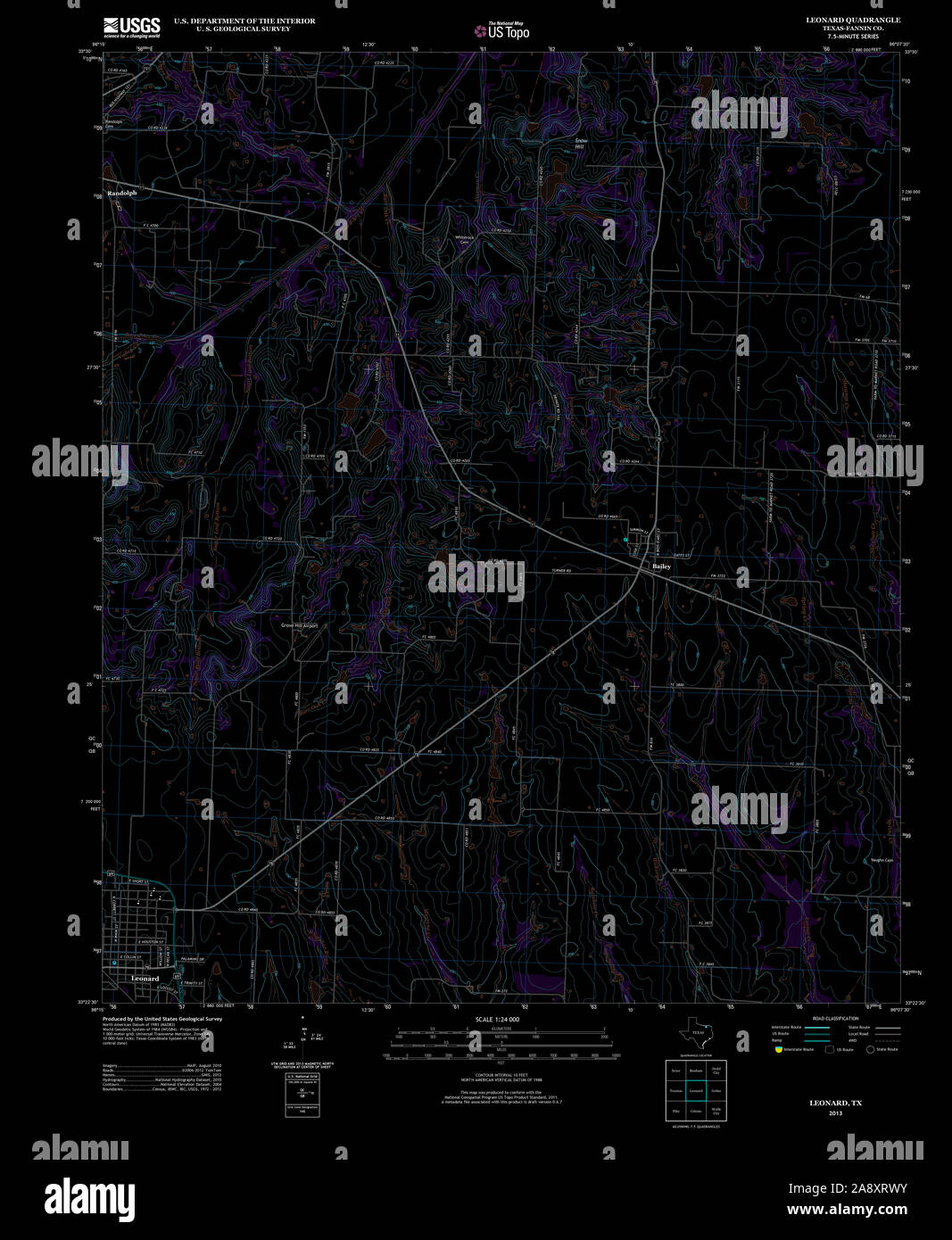 USGS TOPO Map Texas TX Leonard 20130312 TM Inverted Restoration Stock Photo