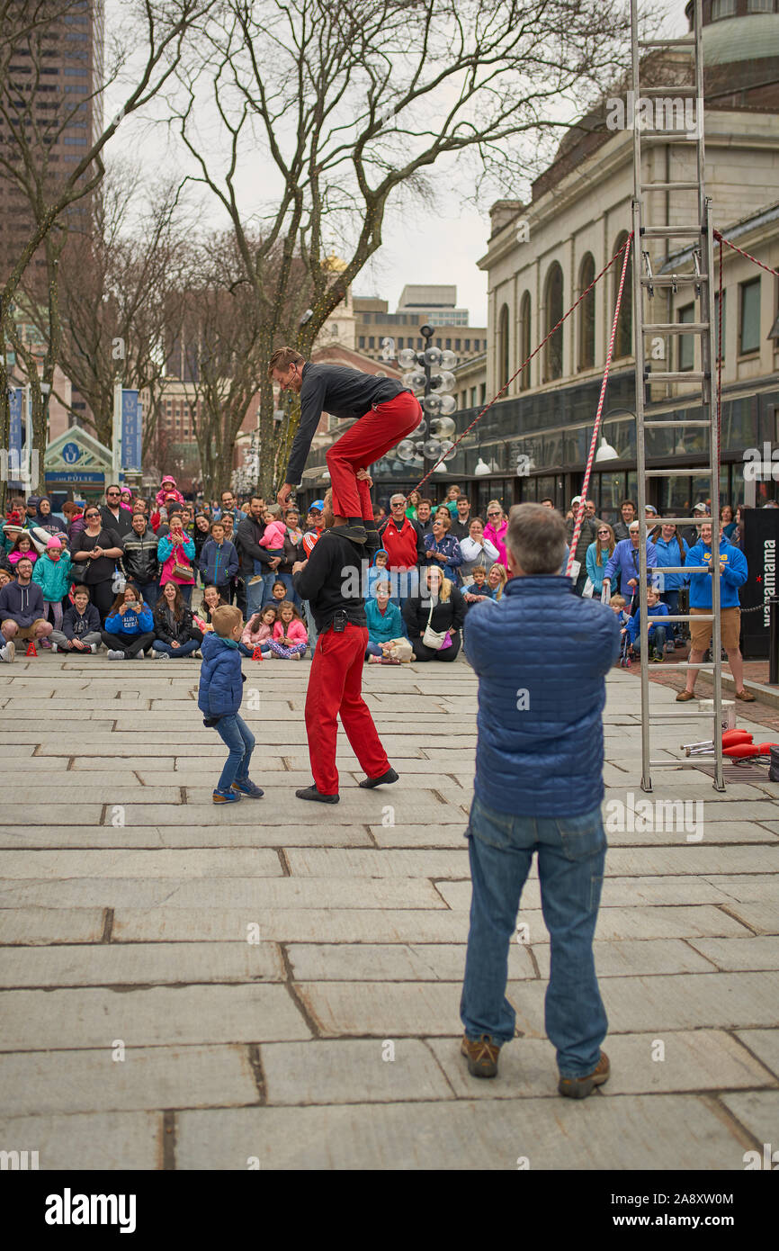 Boston, Mass / USA 4/14/2017 Acrobatic street performers in downtown