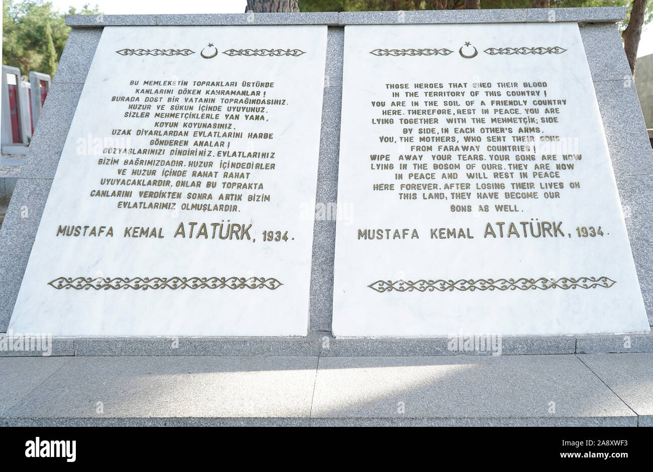 Ataturk's 'Johnnies and Mehmets' words about the Anzacs. Famous Letter from Ataturk (Founder of Modern Turkish Republic) to Anzacs. Stock Photo