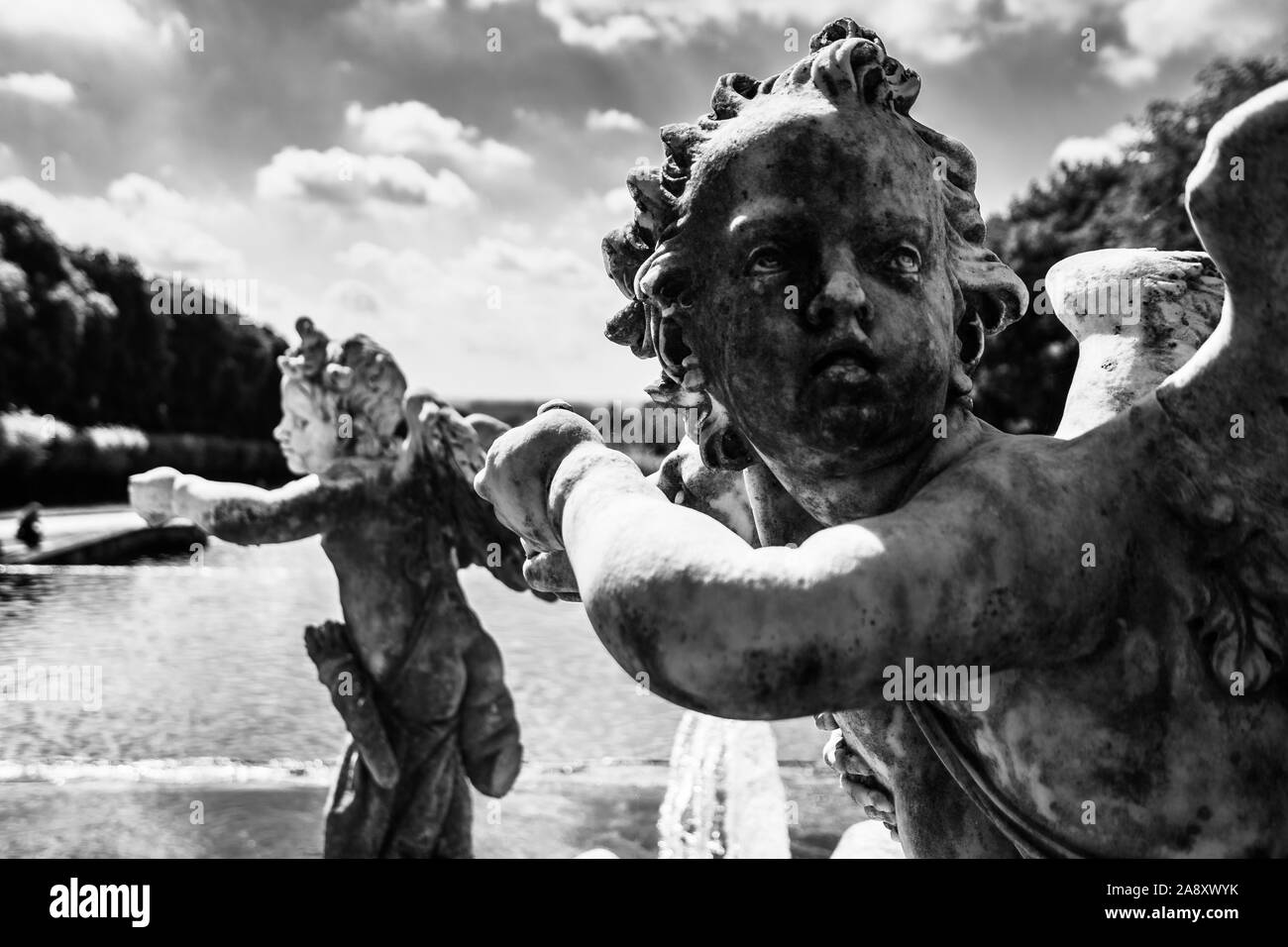 Black and white view of a statue of the Fountain of Venus and Adonis at Caserta Royal Palace, Campania, Italy, Campania, Italy Stock Photo