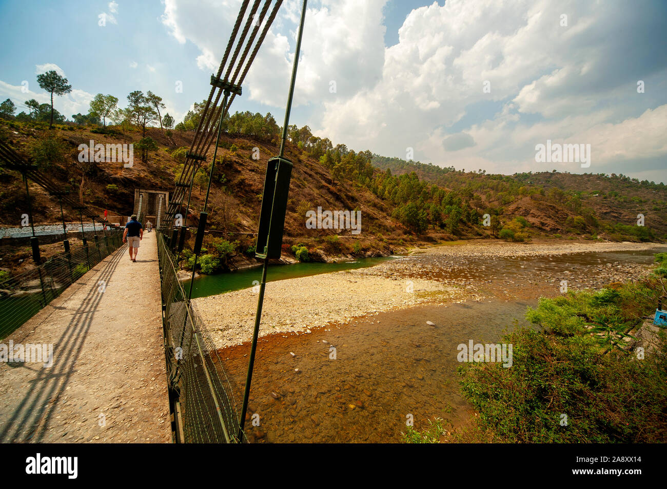 Suspension bridge over the Kosi river, Uttarakhand, India Stock Photo