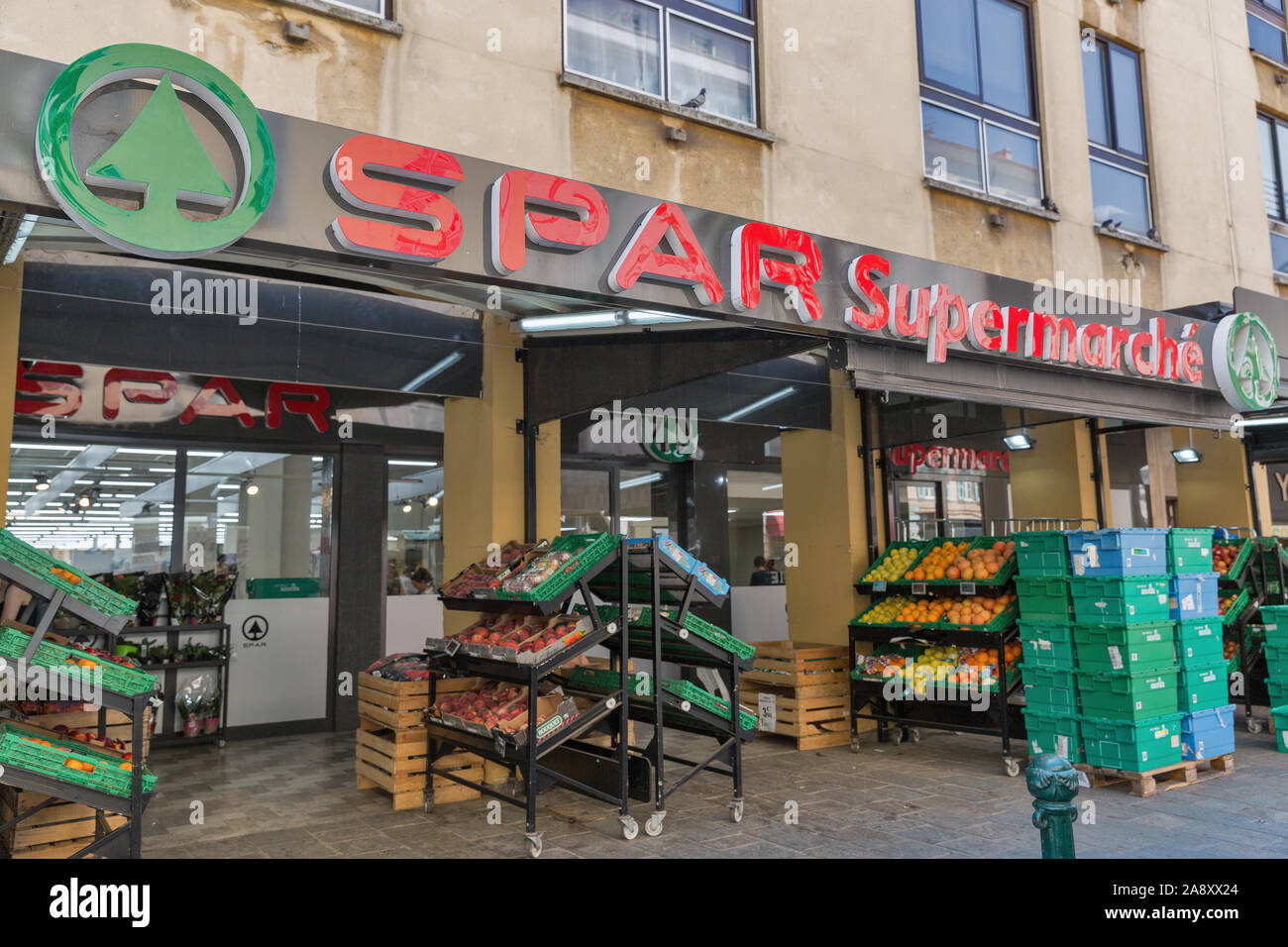 AJACCIO, CORSICA, FRANCE - JULY 13, 2019: SPAR supermarket exterior. SPAR is a Dutch multinational retail chain, operates as independent or franchise Stock Photo