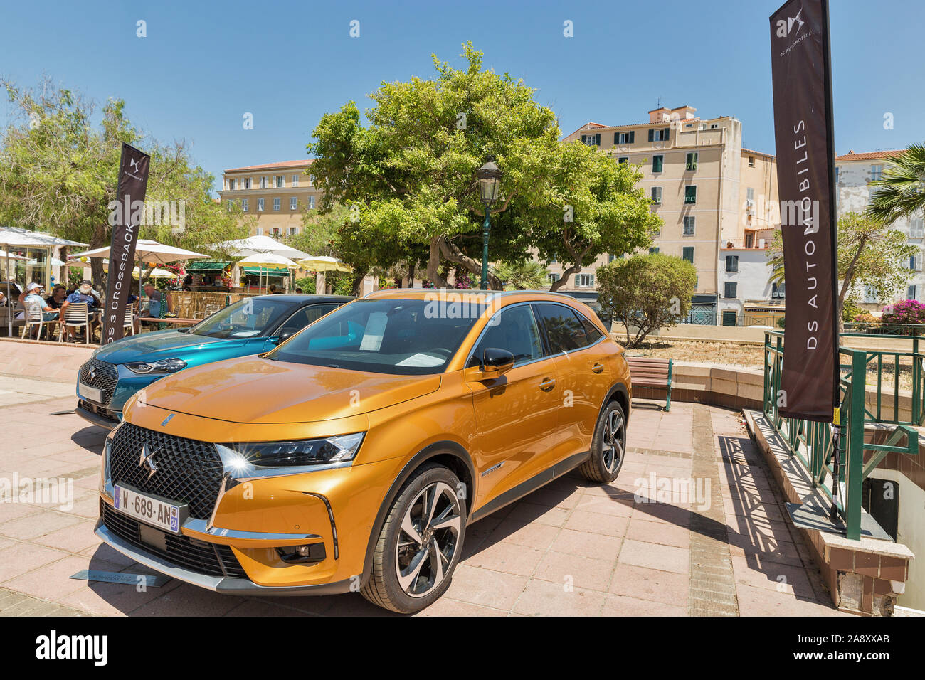 AJACCIO, CORSICA, FRANCE - JULY 13, 2019: Citroen DS7 and DS3 Crossback cars showcased on General de Gaulle square. Ajaccio is a largest settlement on Stock Photo