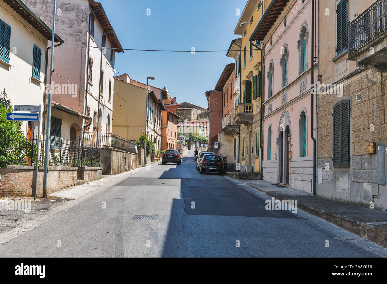 MONTOPOLI, ITALY - JULY 24, 2019: Old residential narrow street. Montopoli in Val d'Arno is a municipality in the Province of Pisa in the Italian regi Stock Photo