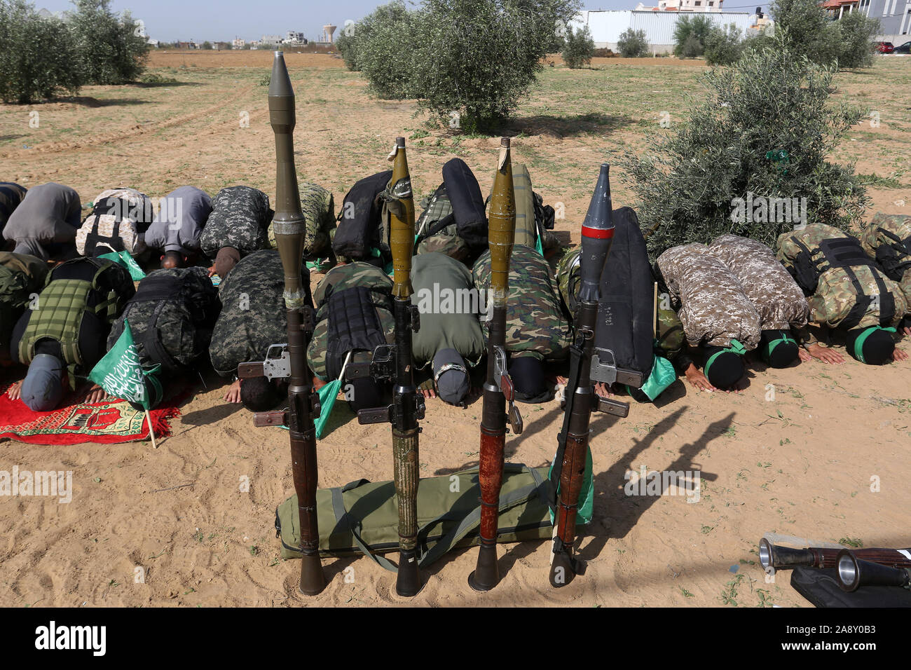 Palestinian Hamas militants take part in an anti-Israel military show in the southern Gaza Strip on Nov 11, 2019. Photo by Abed Rahim Khatib/alamy Stock Photo