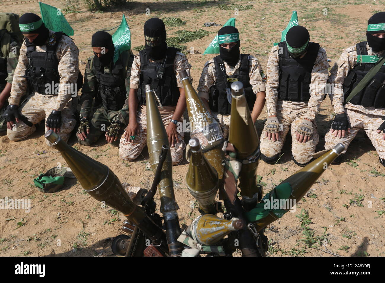 Palestinian Hamas militants take part in an anti-Israel military show in the southern Gaza Strip on Nov 11, 2019. Photo by Abed Rahim Khatib/alamy Stock Photo