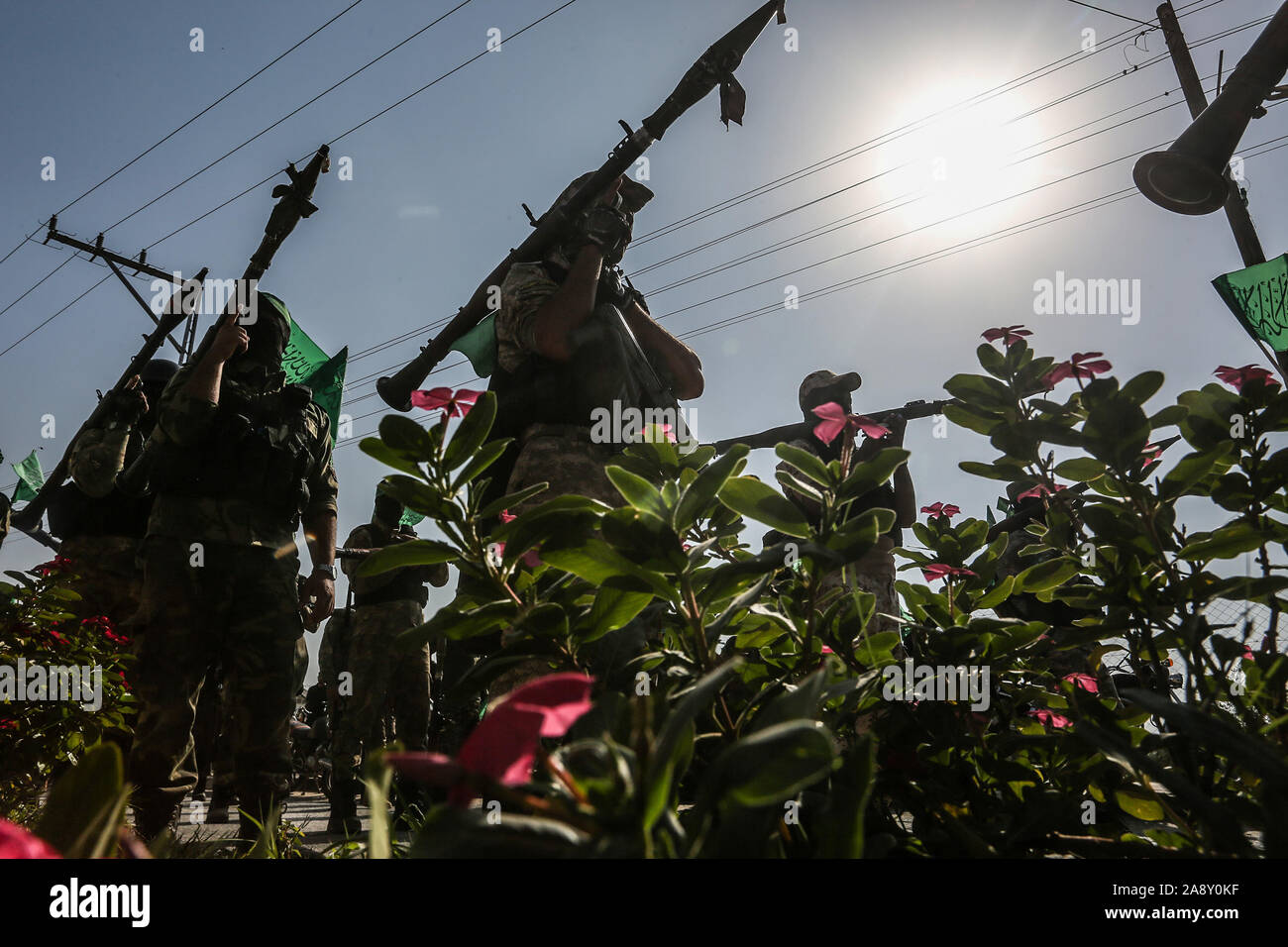 Palestinian Hamas militants take part in an anti-Israel military show in the southern Gaza Strip on Nov 11, 2019. Photo by Abed Rahim Khatib/alamy Stock Photo