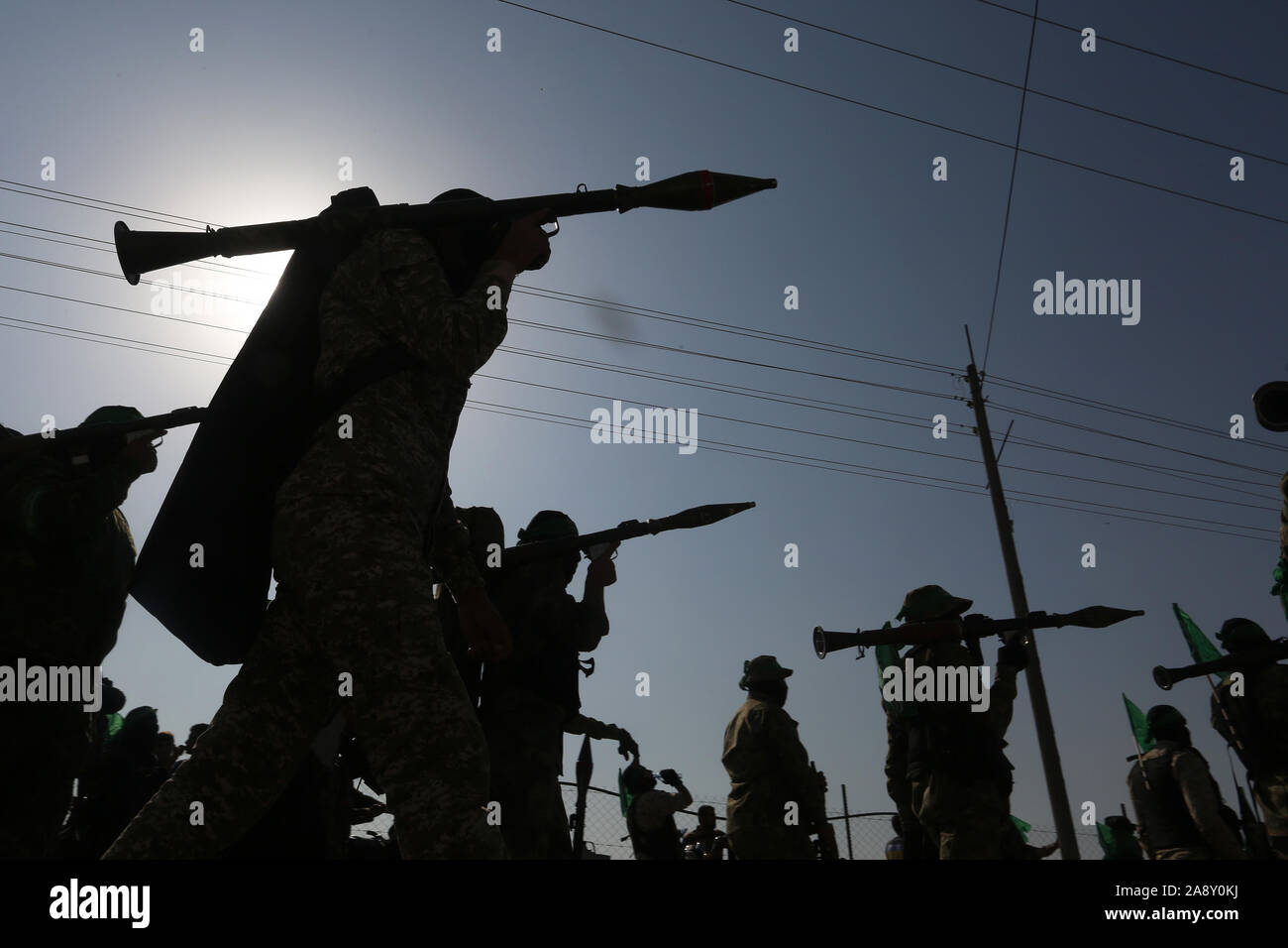 Palestinian Hamas militants take part in an anti-Israel military show in the southern Gaza Strip on Nov 11, 2019. Photo by Abed Rahim Khatib/alamy Stock Photo