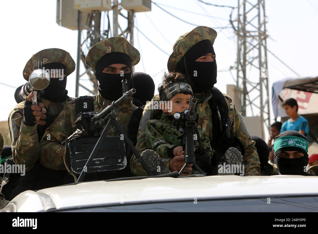 Palestinian Hamas militants take part in an anti-Israel military show in the southern Gaza Strip on Nov 11, 2019. Photo by Abed Rahim Khatib/alamy Stock Photo