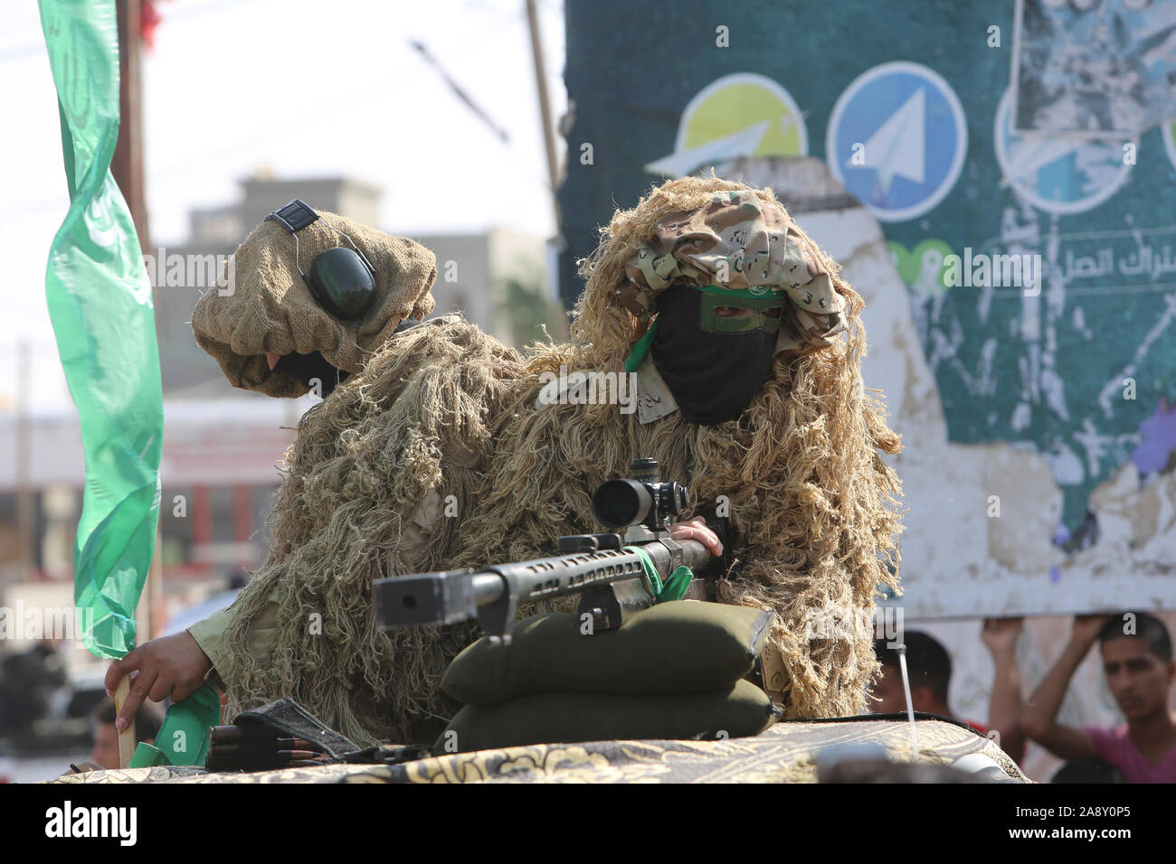 Palestinian Hamas militants take part in an anti-Israel military show in the southern Gaza Strip on Nov 11, 2019. Photo by Abed Rahim Khatib/alamy Stock Photo