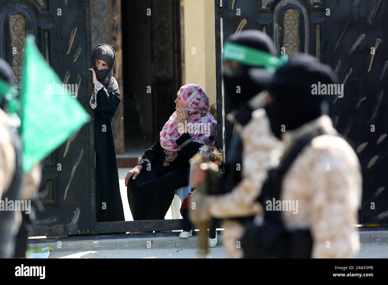 Palestinian Hamas militants take part in an anti-Israel military show in the southern Gaza Strip on Nov 11, 2019. Photo by Abed Rahim Khatib/alamy Stock Photo