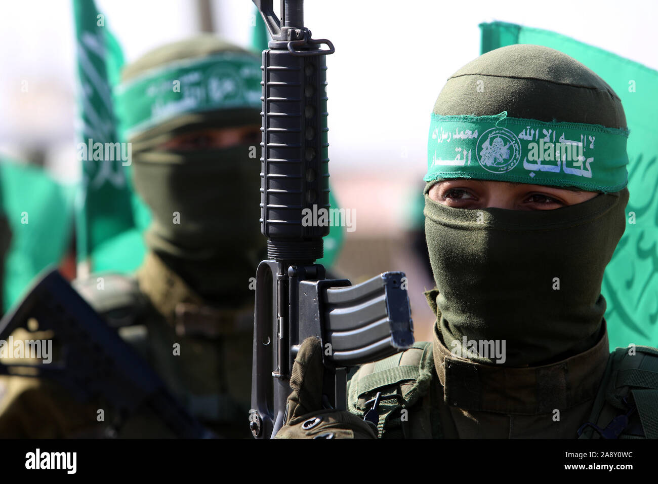 Palestinian Hamas militants take part in an anti-Israel military show in the southern Gaza Strip on Nov 11, 2019. Photo by Abed Rahim Khatib/alamy Stock Photo