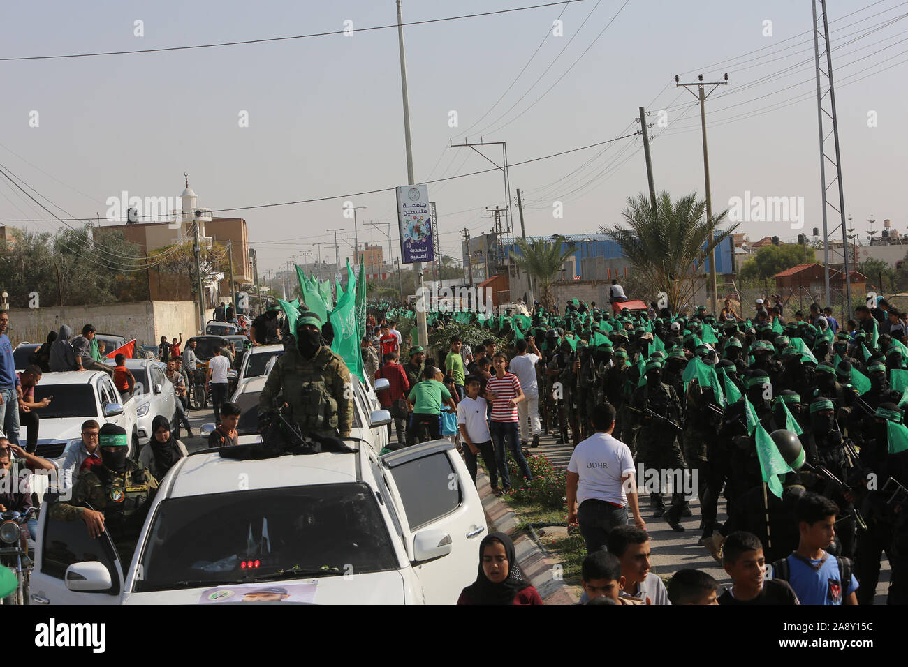 Palestinian Hamas militants take part in an anti-Israel military show in the southern Gaza Strip on Nov 11, 2019. Photo by Abed Rahim Khatib/alamy Stock Photo