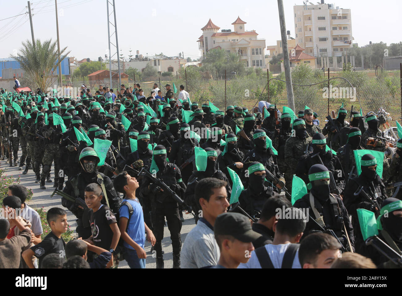 Palestinian Hamas militants take part in an anti-Israel military show in the southern Gaza Strip on Nov 11, 2019. Photo by Abed Rahim Khatib/alamy Stock Photo