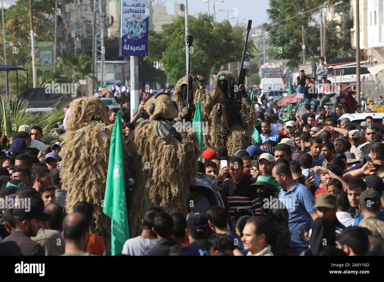 Palestinian Hamas militants take part in an anti-Israel military show in the southern Gaza Strip on Nov 11, 2019. Photo by Abed Rahim Khatib/alamy Stock Photo