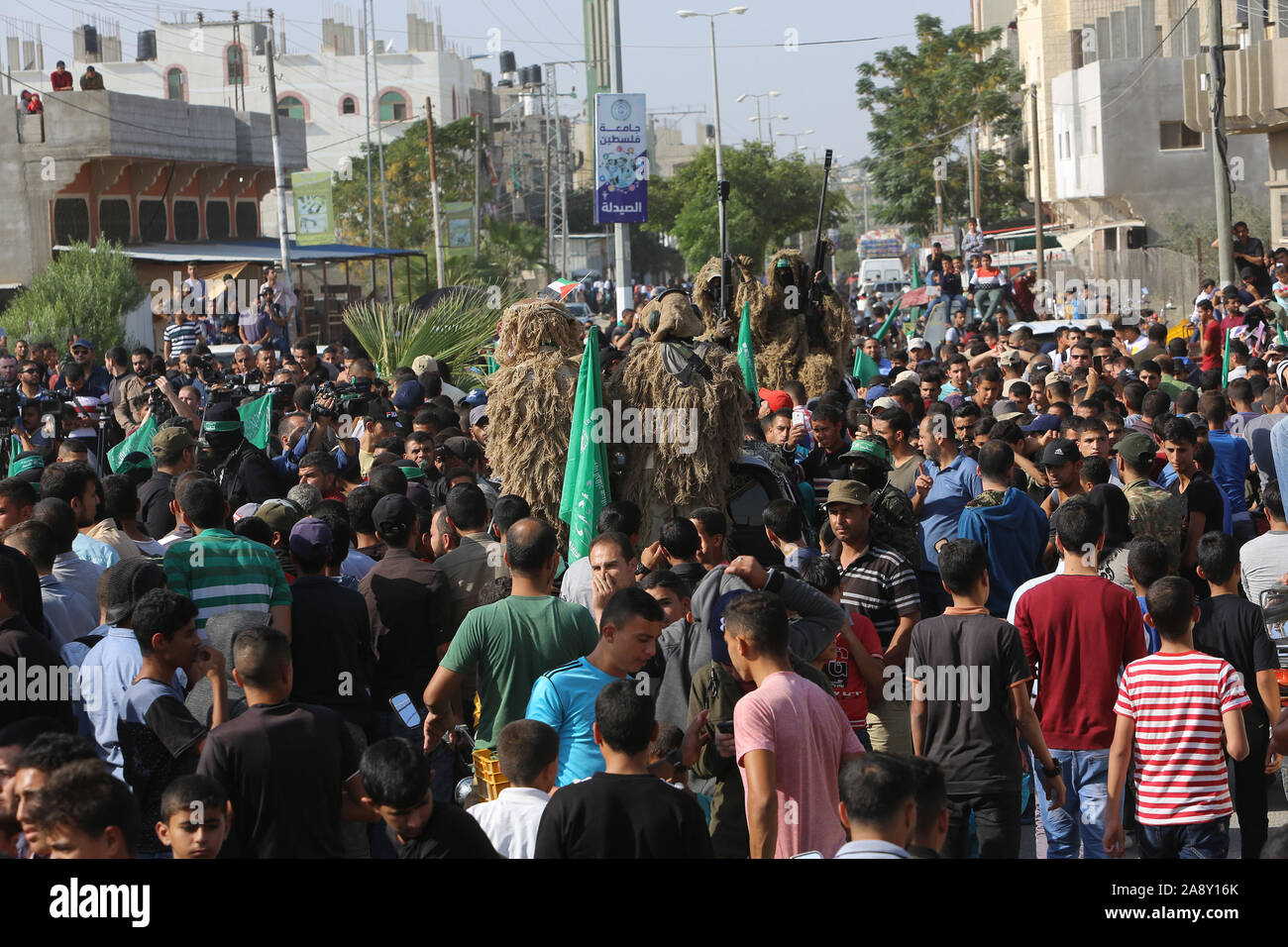 Palestinian Hamas militants take part in an anti-Israel military show in the southern Gaza Strip on Nov 11, 2019. Photo by Abed Rahim Khatib/alamy Stock Photo