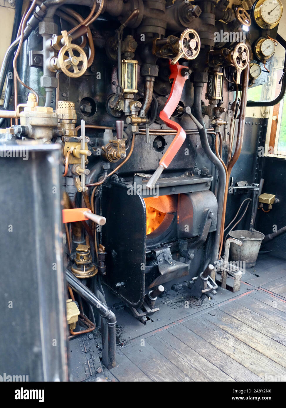 View of the controls from the footplate of Ivatt class steam locomotive No 41298, isle of wight steam railway. Stock Photo