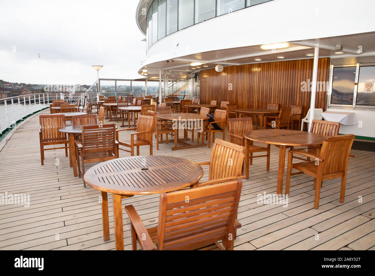 Tables and chairs out on deck Onboard The cruise ship Columbus in